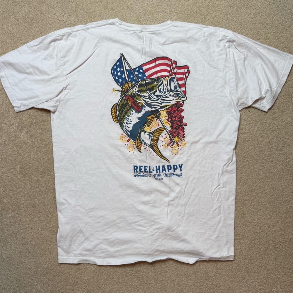 Reel Happy White Tee with American Flag and Fish